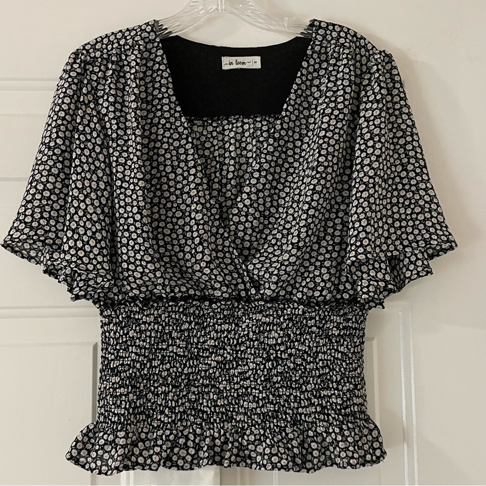 In Loom Floral Print Smocked Waist Blouse Size M